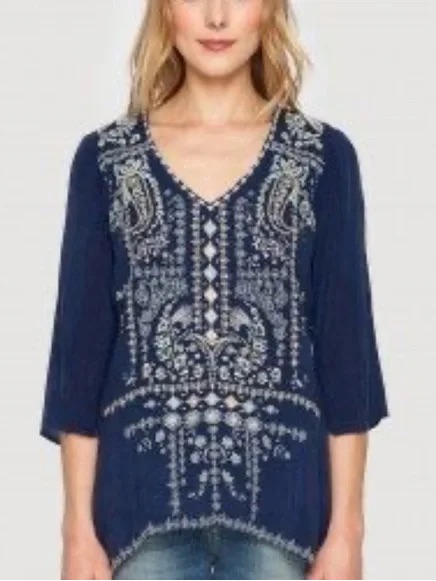 Johnny Was Navy V-Neck Embroidered Tunic Top